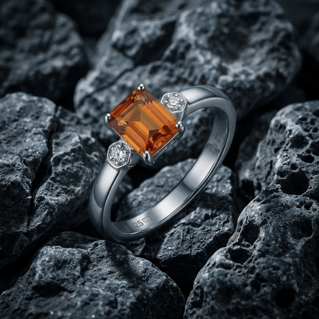 1.7ct Orange Citrine and Diamond, Sterling Silver 925 ring - Stellify Jewellery