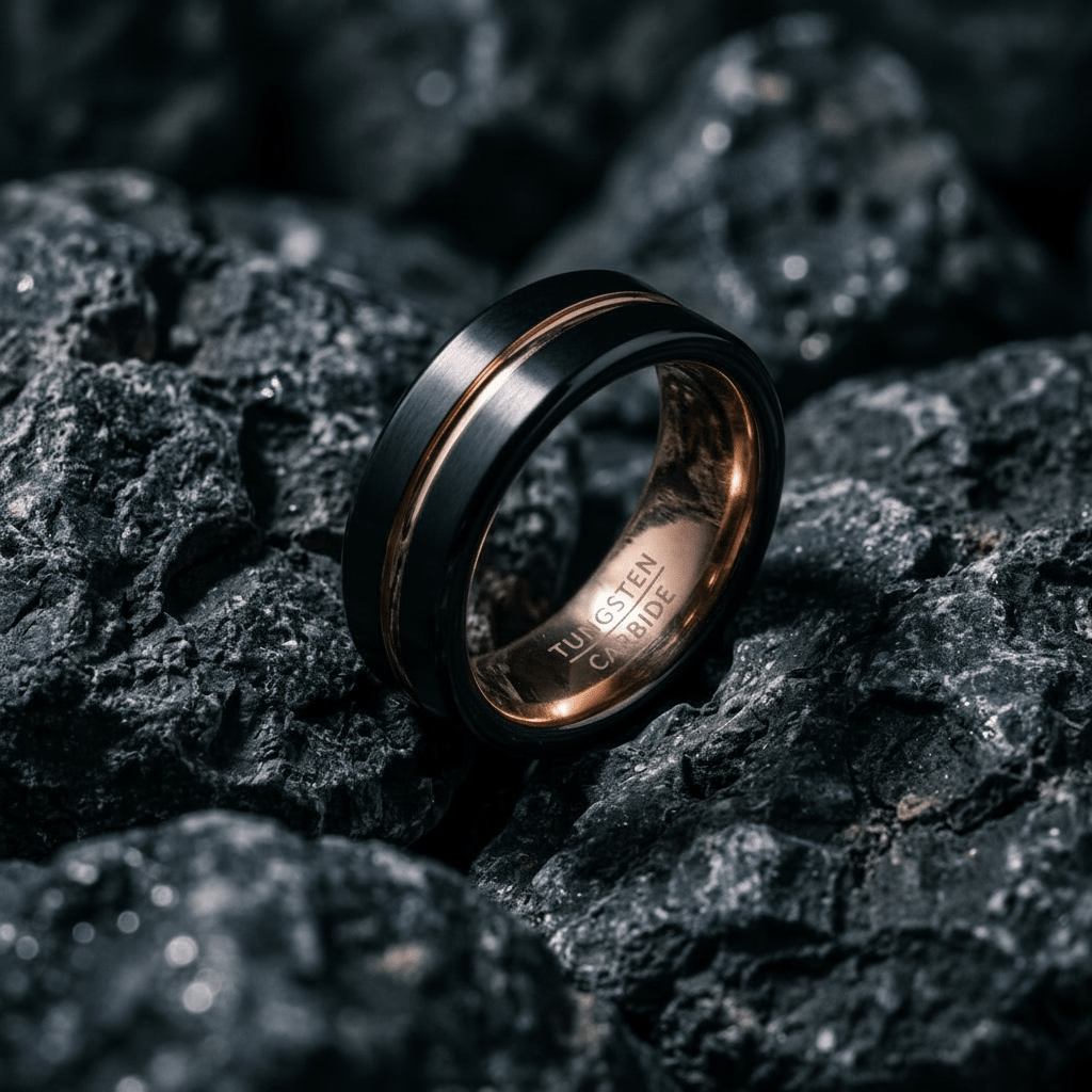 Classic matte black, Tungsten Carbide mens ring, with striking Copper groove. - Stellify Jewellery