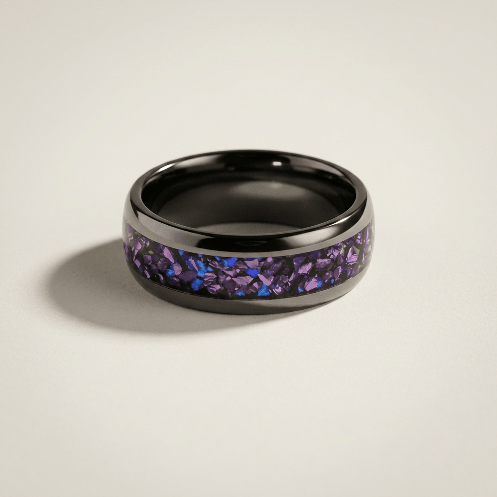 Orion mens ring, black Tungsten Carbide with crushed Alexandrite and Blue Sandstone inlay - Stellify Jewellery