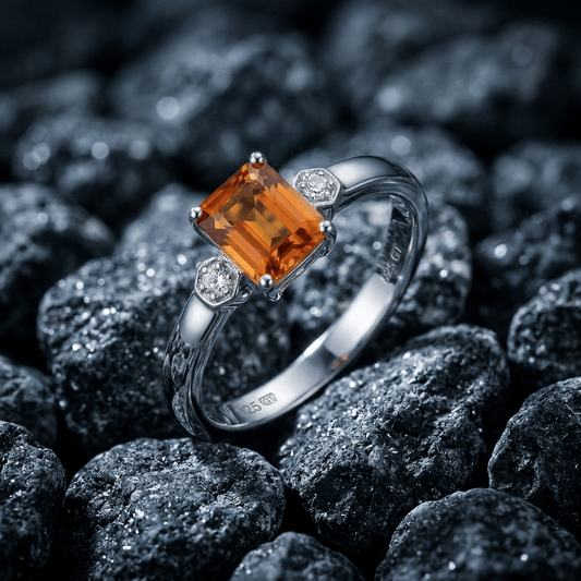 1.7ct Orange Citrine and Diamond, Sterling Silver 925 ring - Stellify Jewellery