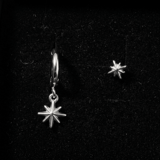Asymmetric small star stud and star drop earrings, silver, stainless steel - Stellify Jewellery