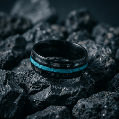 Black mens ring, with crushed opal and bright turquoise inlay - Stellify Jewellery