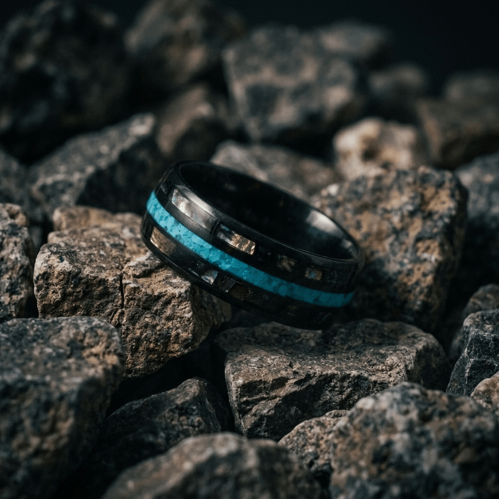 Black mens ring, with crushed opal and bright turquoise inlay - Stellify Jewellery