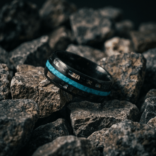 Black mens ring, with crushed opal and bright turquoise inlay - Stellify Jewellery