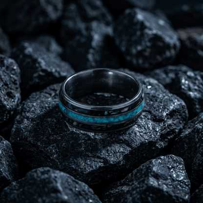 Black mens ring, with crushed opal and bright turquoise inlay - Stellify Jewellery