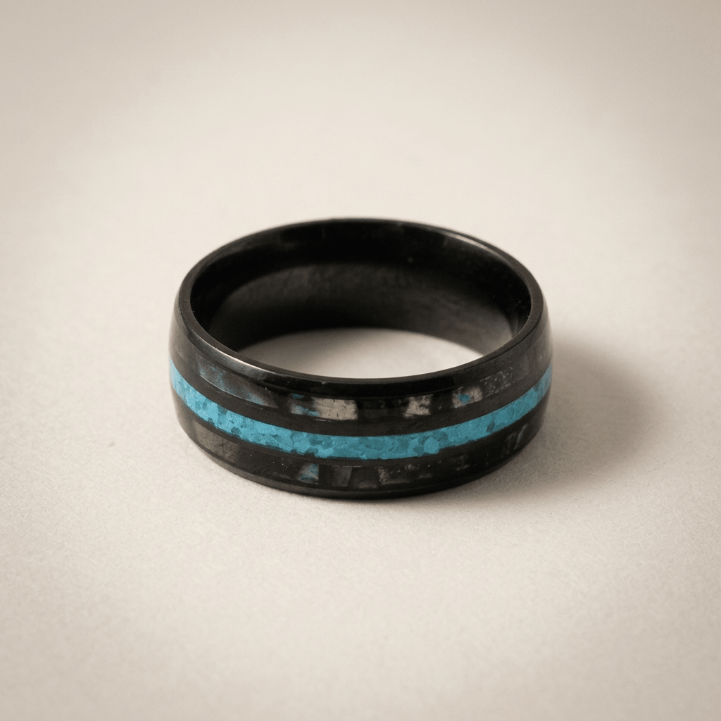 Black mens ring, with crushed opal and bright turquoise inlay - Stellify Jewellery