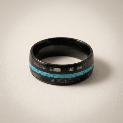 Black mens ring, with crushed opal and bright turquoise inlay - Stellify Jewellery