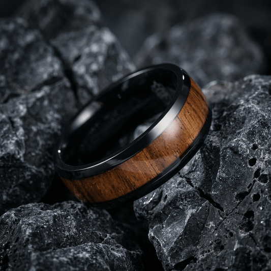 Black, mens ring, with Koa wood inlay - Stellify Jewellery