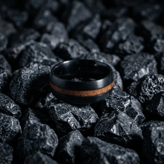 Black polished, mens ring, with Koa wood inlay - Stellify Jewellery