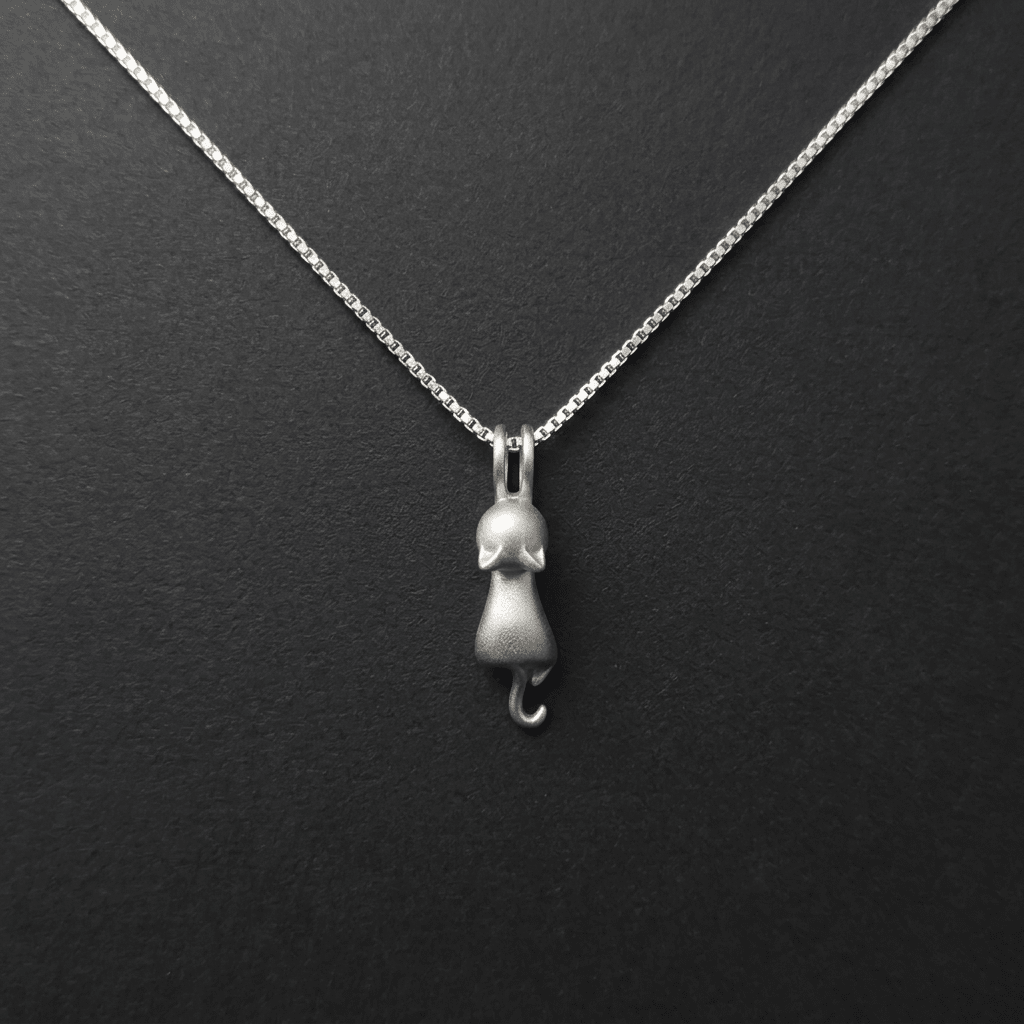 Cat pendant necklace, brushed matt chrome, silver. 18" fine chain. Stainless Steel - Stellify Jewellery