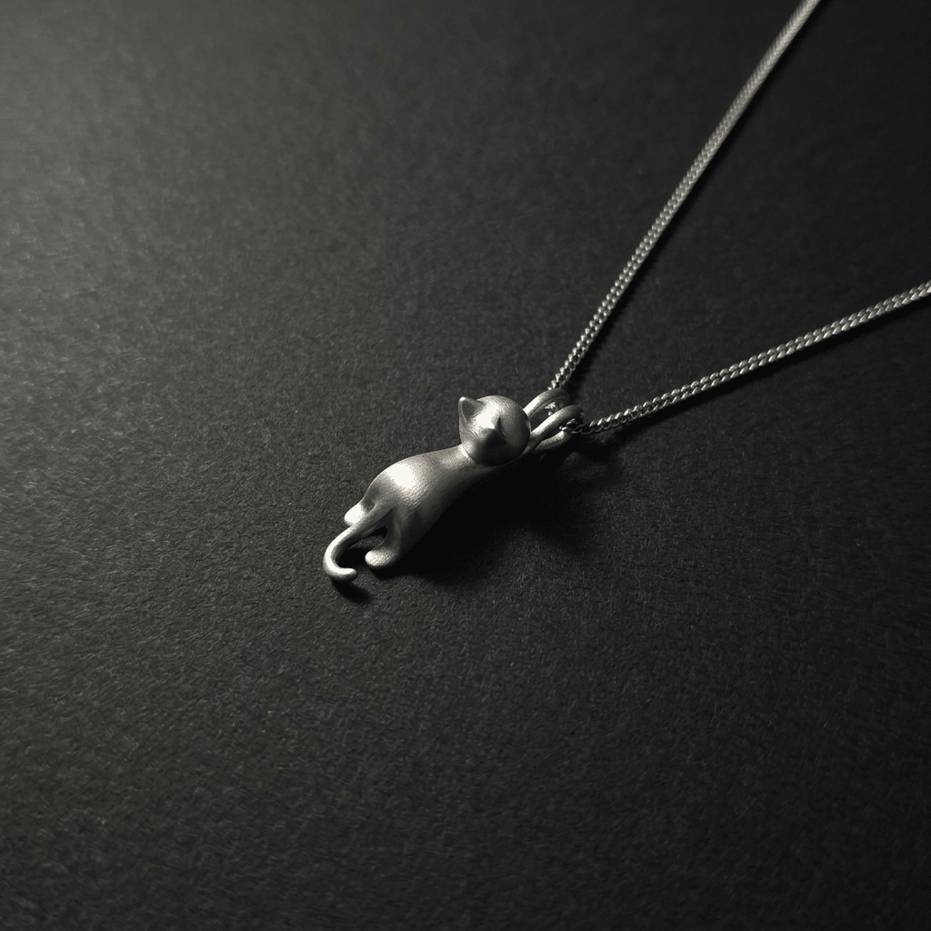 Cat pendant necklace, brushed matt chrome, silver. 18" fine chain. Stainless Steel - Stellify Jewellery