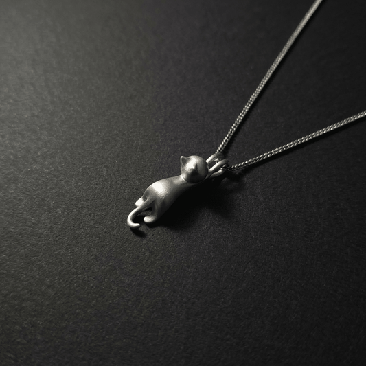Cat pendant necklace, brushed matt chrome, silver. 18" fine chain. Stainless Steel - Stellify Jewellery