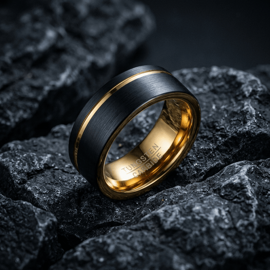 Classic matte black, Tungsten Carbide mens ring, with striking Gold groove. - Stellify Jewellery