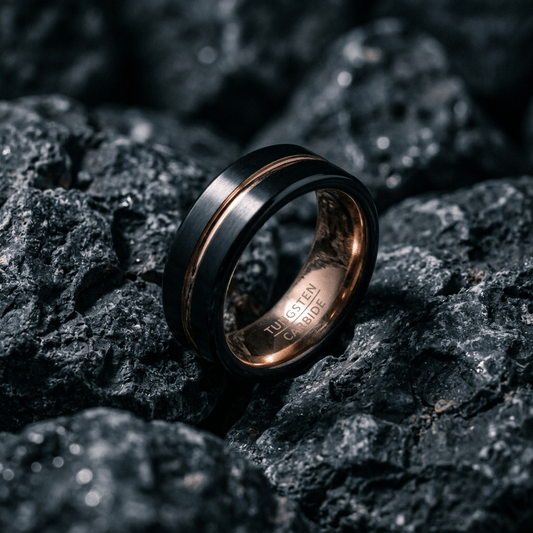 Contemporary matt black and brushed chrome, mens 8mm ring. Tungsten Carbide with contrasting copper groove - Stellify Jewellery