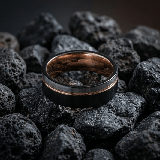 Contemporary matt black and brushed chrome, mens Tungsten ring. With contrasting copper groove - Stellify Jewellery