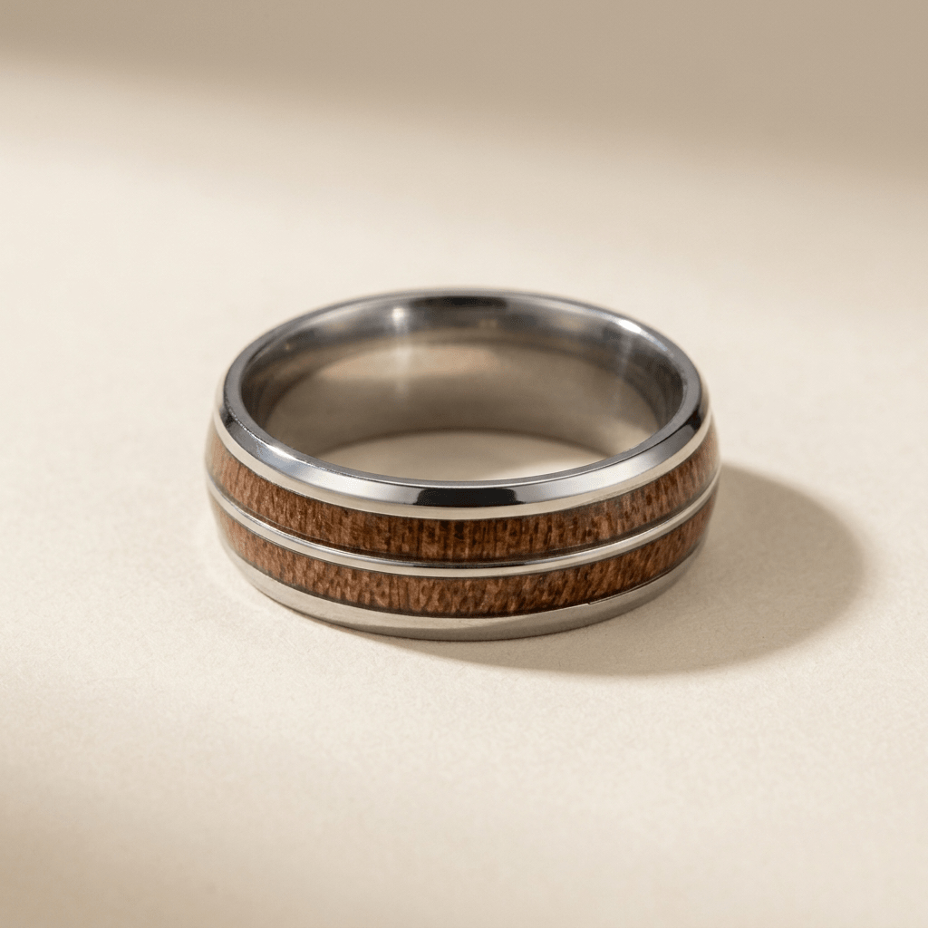 Contemporary matt silver, mens ring- 8mm Tungsten Carbide with striking, dual Koa wood inlay - Stellify Jewellery