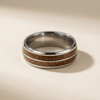 Contemporary matt silver, mens ring- 8mm Tungsten Carbide with striking, dual Koa wood inlay - Stellify Jewellery