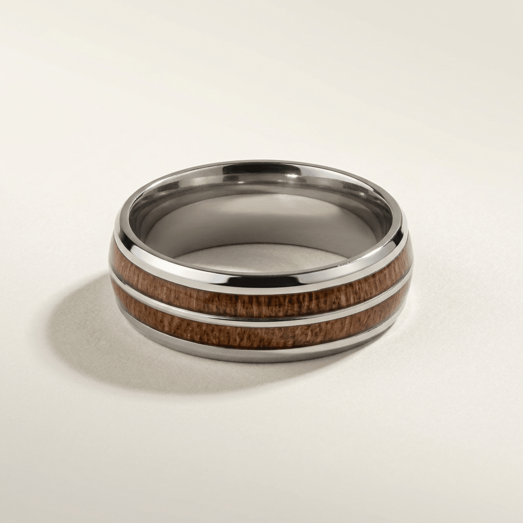 Contemporary matt silver, mens ring- 8mm Tungsten Carbide with striking, dual Koa wood inlay - Stellify Jewellery