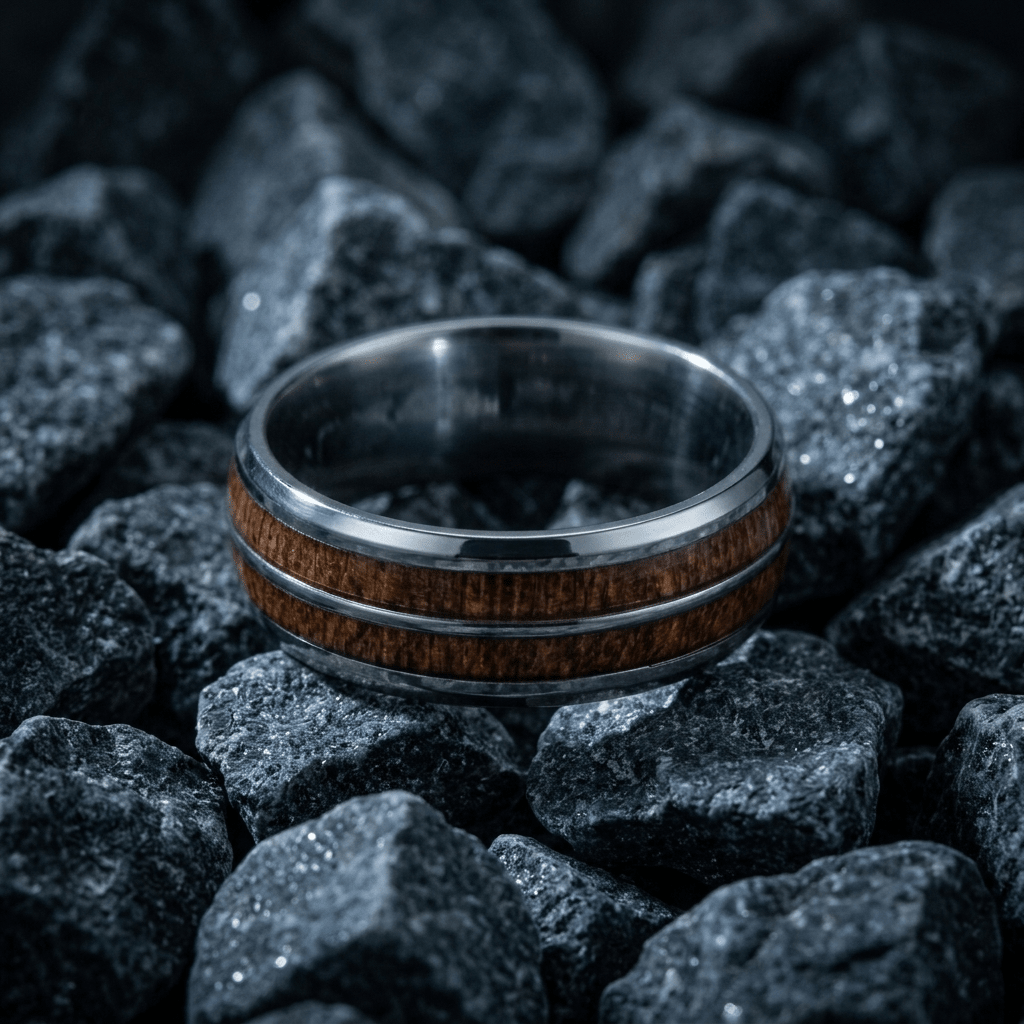 Contemporary matt silver, mens ring- 8mm Tungsten Carbide with striking, dual Koa wood inlay - Stellify Jewellery