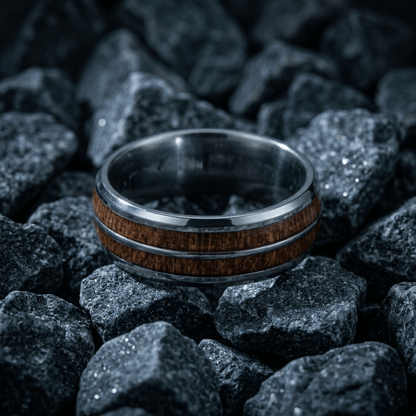Contemporary matt silver, mens ring- 8mm Tungsten Carbide with striking, dual Koa wood inlay - Stellify Jewellery