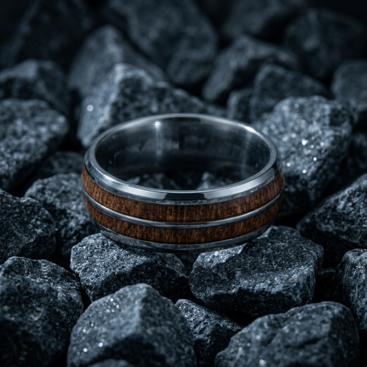 Contemporary matt silver, mens ring- 8mm Tungsten Carbide with striking, dual Koa wood inlay - Stellify Jewellery