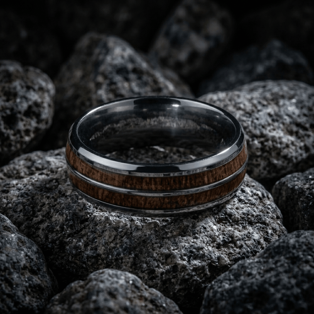 Contemporary matt silver, mens ring- 8mm Tungsten Carbide with striking, dual Koa wood inlay - Stellify Jewellery
