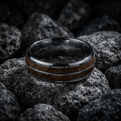 Contemporary matt silver, mens ring- 8mm Tungsten Carbide with striking, dual Koa wood inlay - Stellify Jewellery