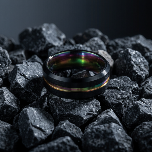 Contemporary mens ring- matt black and contrasting rainbow/ iridescent groove. Crafted from Tungsten Carbide - Stellify Jewellery
