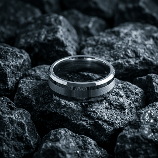 Contemporary silver mens, Tungsten Carbide 8mm ring, with contrasting brushed/matt centre band - Stellify Jewellery