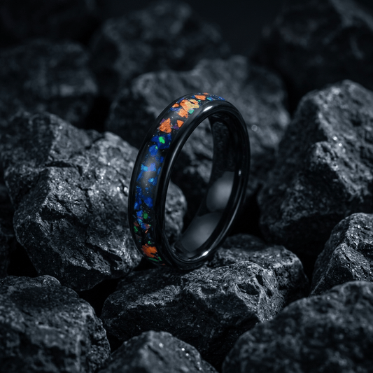 Galaxy, womens ring. 4mm black Tungsten Carbide with Opal Inlay - Stellify Jewellery