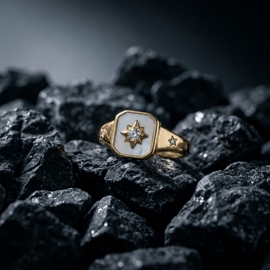 Gold Star and Mother of Pearl inlay, signet ring - Stellify Jewellery