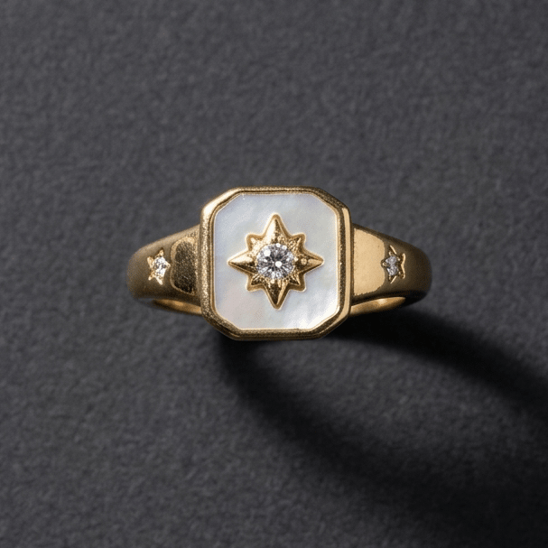 Gold Star and Mother of Pearl inlay, signet ring. PVD coated Stainless Steel, anti tarnish, waterproof, hypoallergenic - Stellify Jewellery