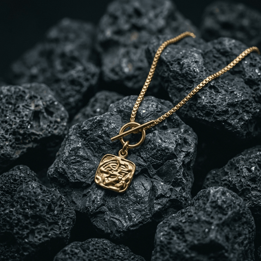Gold, Textured Square, T- Bar clasp, Pendant Necklace - Stellify Jewellery