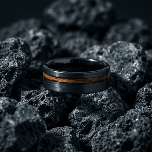 Matt Black, textured mens ring, with Koa wood inlay - Stellify Jewellery