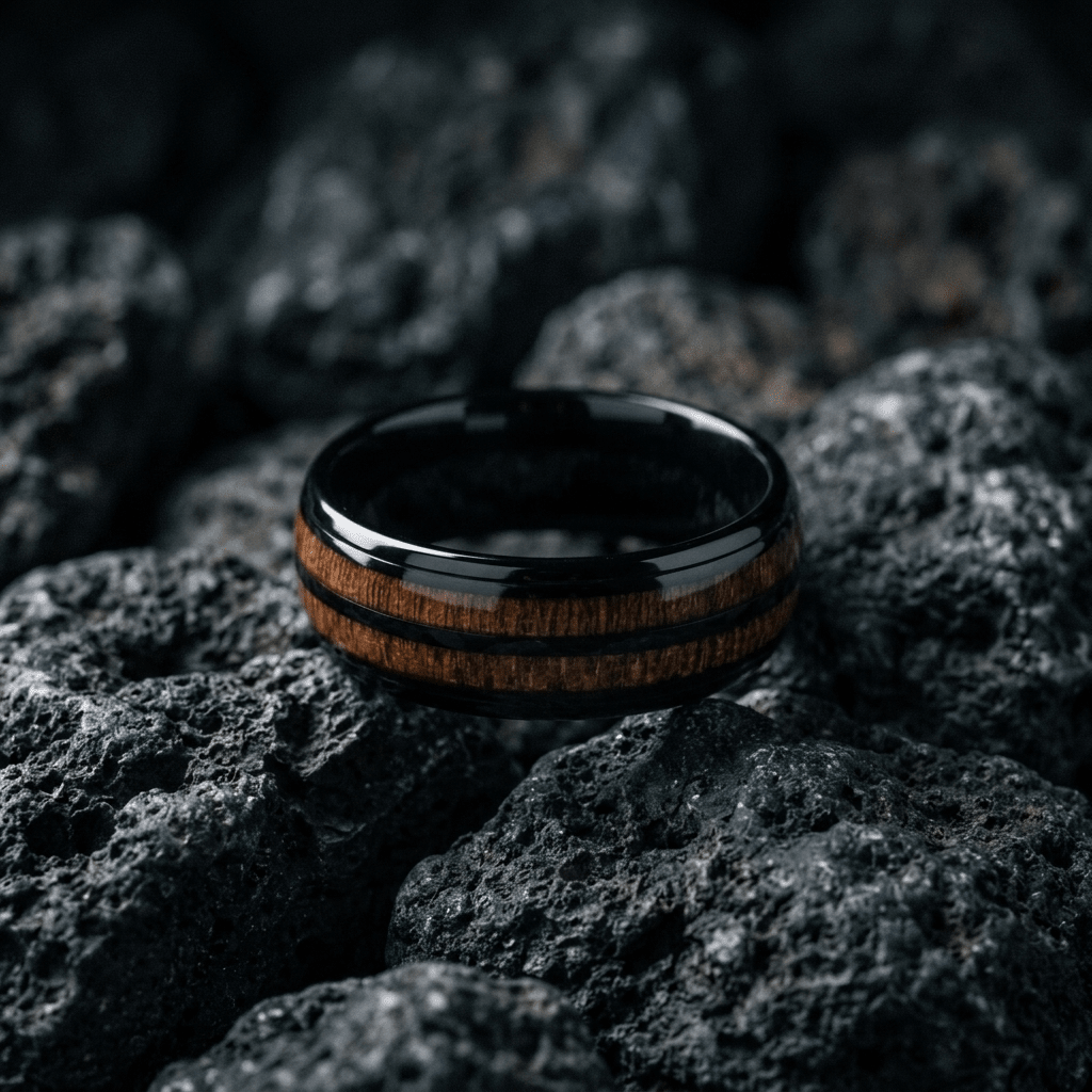 Mens, Black band ring, with dual Koa wood inlay - Stellify Jewellery