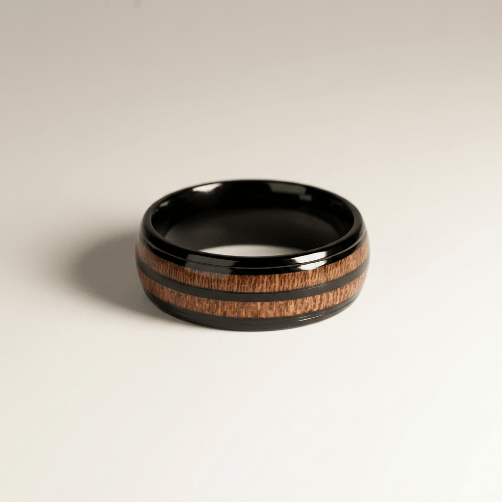 Mens, Black band ring, with dual Koa wood inlay - Stellify Jewellery