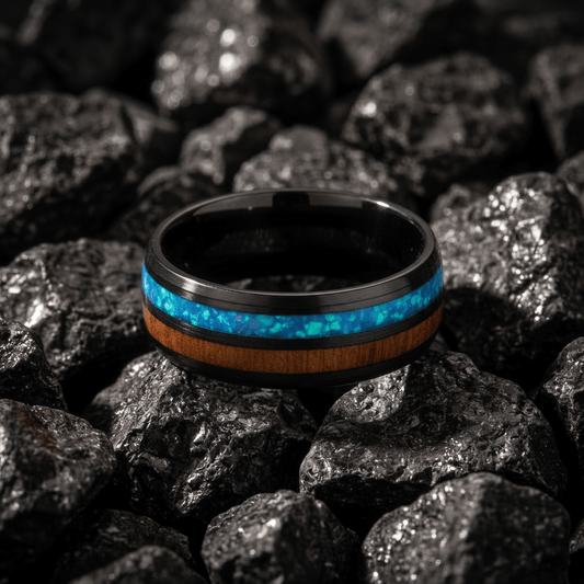 Mens ring, black with dual inlay of blue shell and Koa wood bands - Stellify Jewellery