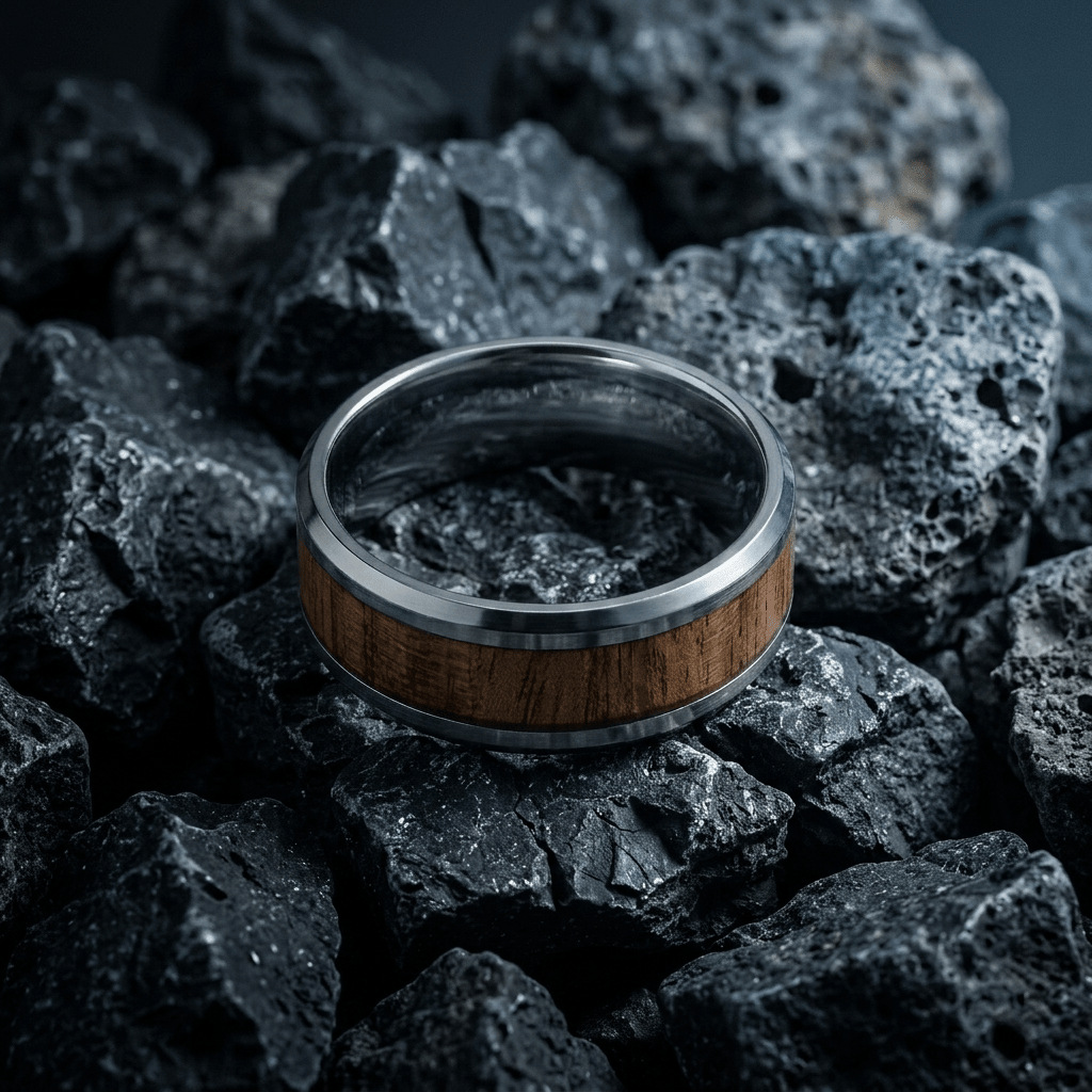 Mens Silver, wide band ring with Koa wood inlay - Stellify Jewellery
