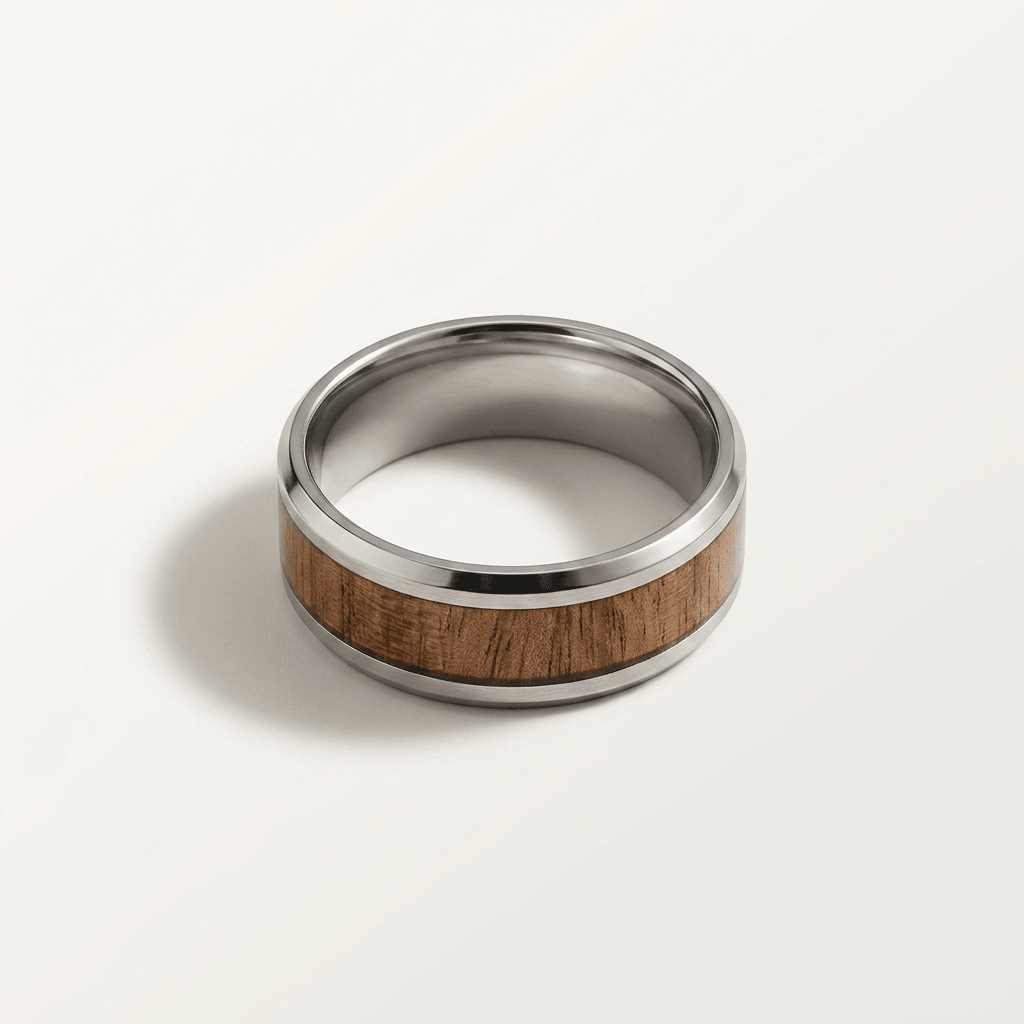Mens Silver, wide band ring with Koa wood inlay - Stellify Jewellery