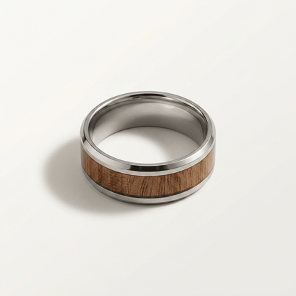 Mens Silver, wide band ring with Koa wood inlay - Stellify Jewellery