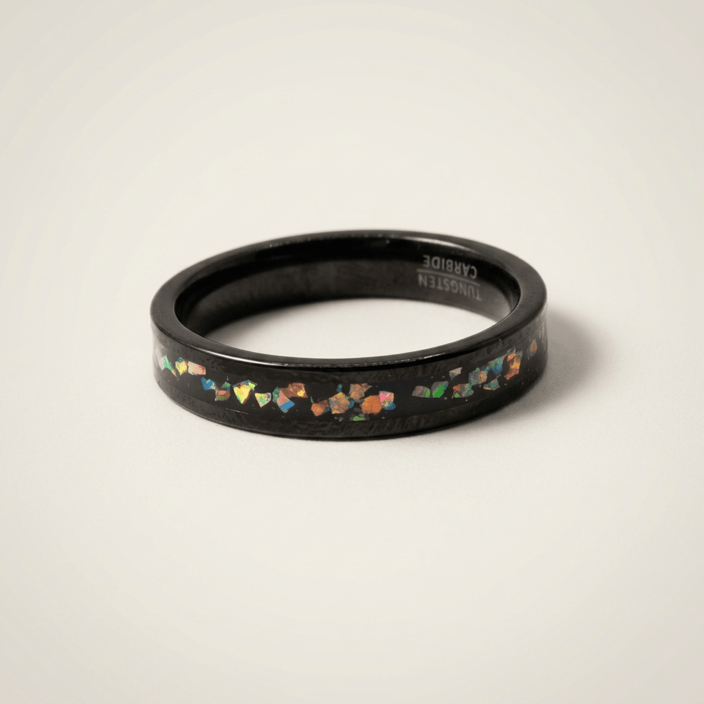 Meteorite, unique, black Tungsten Carbide ring, with Opal inlay - Stellify Jewellery