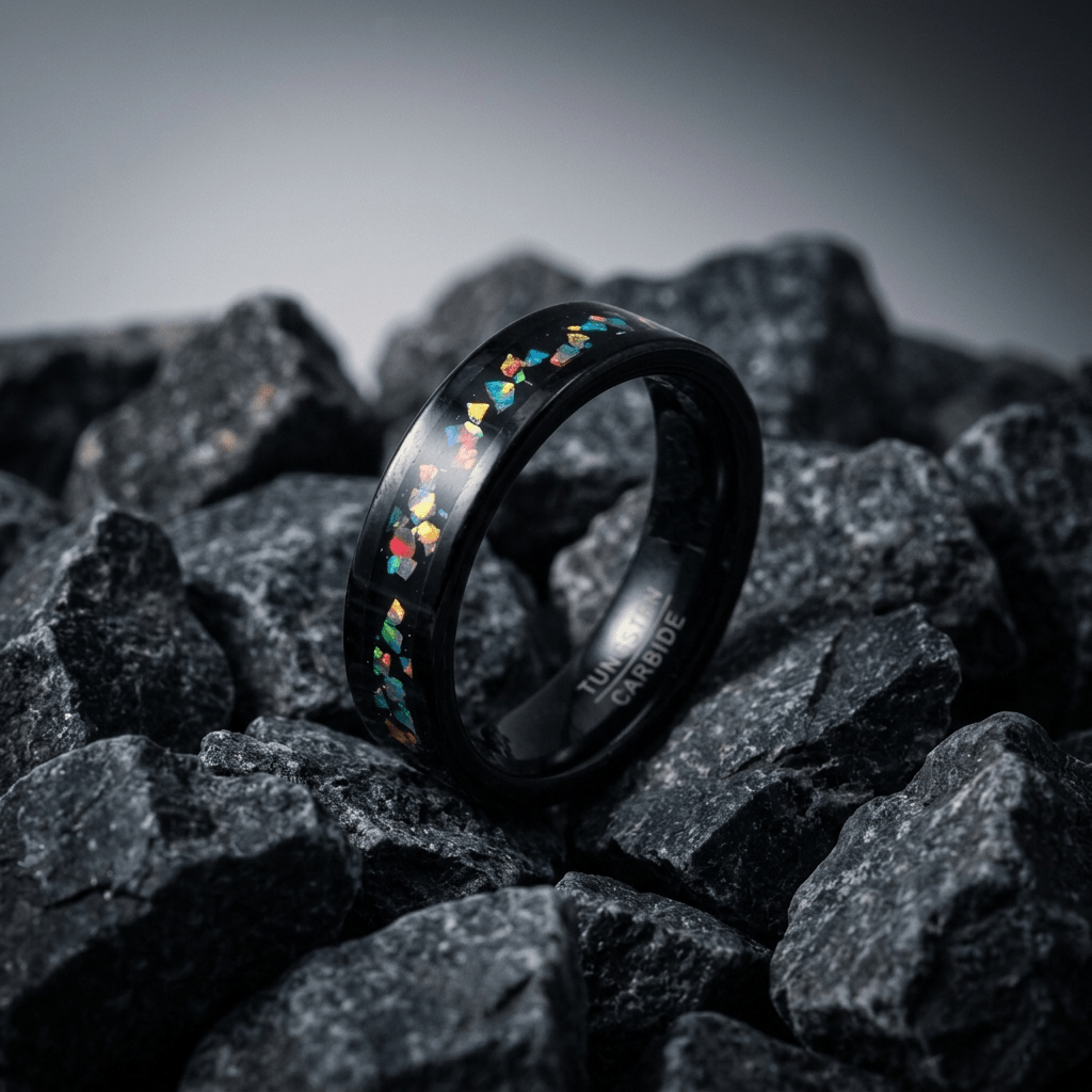 Meteorite, unique, black Tungsten Carbide ring, with Opal inlay - Stellify Jewellery