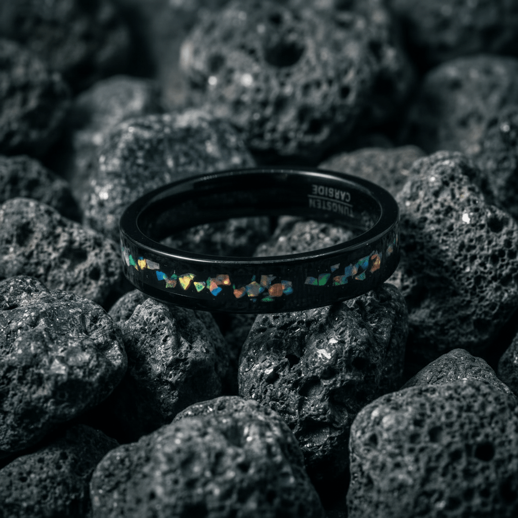 Meteorite, unique, black Tungsten Carbide ring, with Opal inlay - Stellify Jewellery