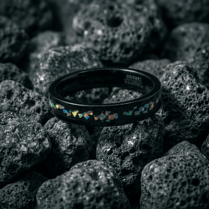 Meteorite, unique, black Tungsten Carbide ring, with Opal inlay - Stellify Jewellery