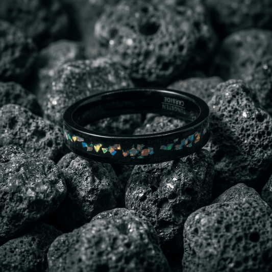 Meteorite, unique, black Tungsten Carbide ring, with Opal inlay - Stellify Jewellery