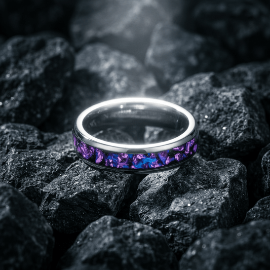 Nebula, the unique womens, Tungsten Carbide ring. Polished silver, with shimmering Alexandrite inlay. Wedding/ engagement ring (Men's available to match.) - Stellify Jewellery