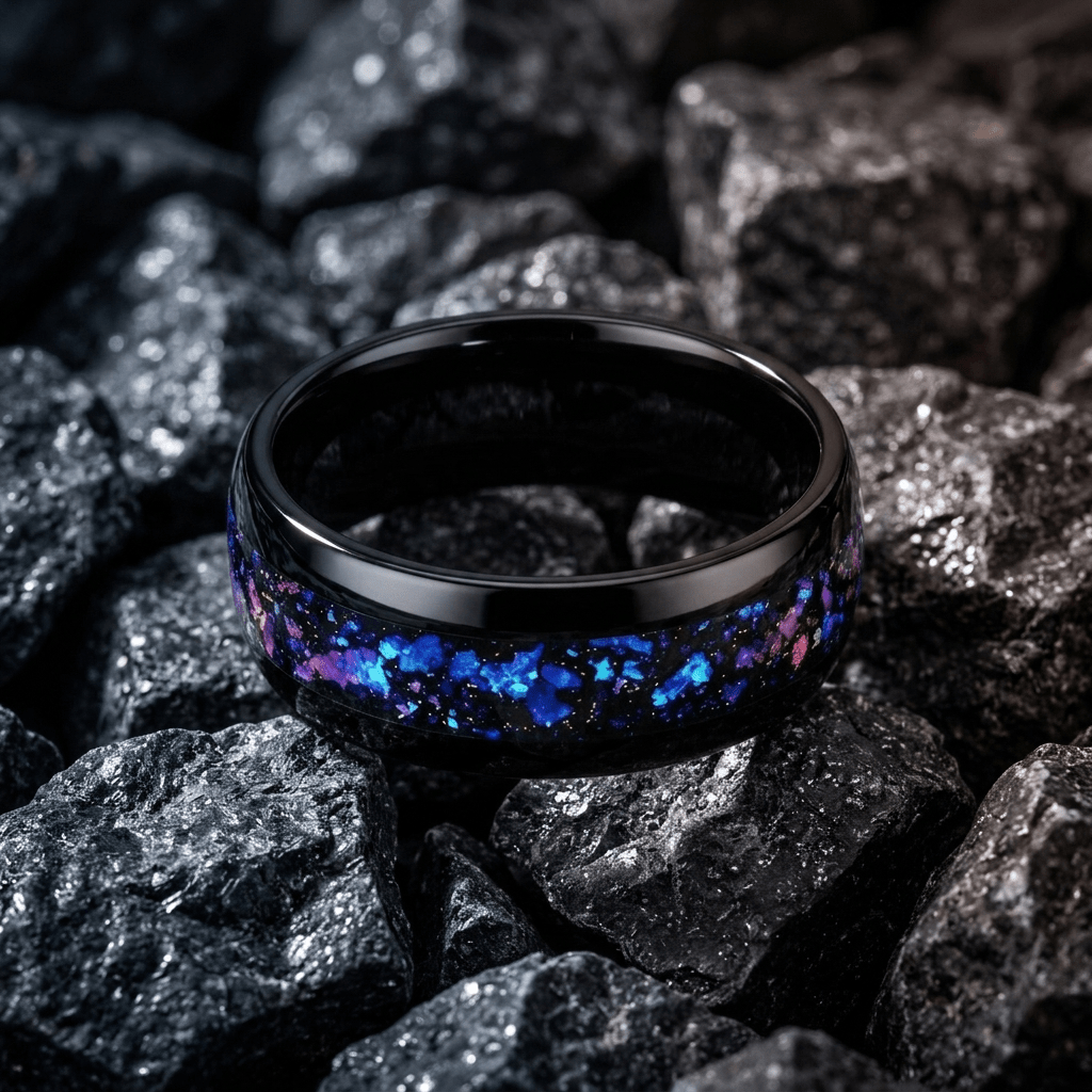 Orion mens ring, black Tungsten Carbide with crushed Alexandrite and Blue Sandstone inlay - Stellify Jewellery