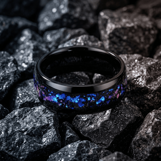 Orion mens ring, black Tungsten Carbide with crushed Alexandrite and Blue Sandstone inlay - Stellify Jewellery