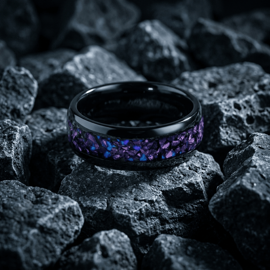 Orion mens ring, black Tungsten Carbide with crushed Alexandrite and Blue Sandstone inlay - Stellify Jewellery