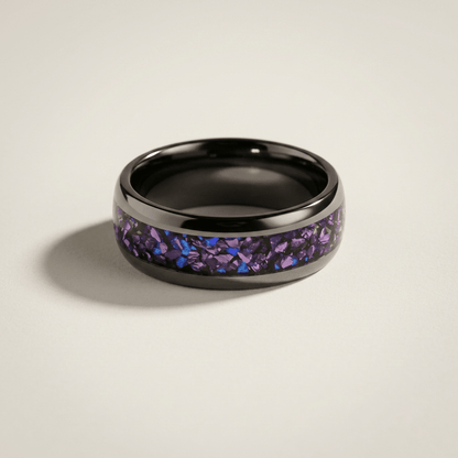 Orion mens ring, black Tungsten Carbide with crushed Alexandrite and Blue Sandstone inlay - Stellify Jewellery